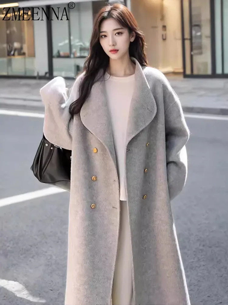 

ZMEENNA Stylish Women's Light Grey Wool Blend Double Breasted Long Coat With Gold Buttons Elegant Winter Outerwear ZM3523