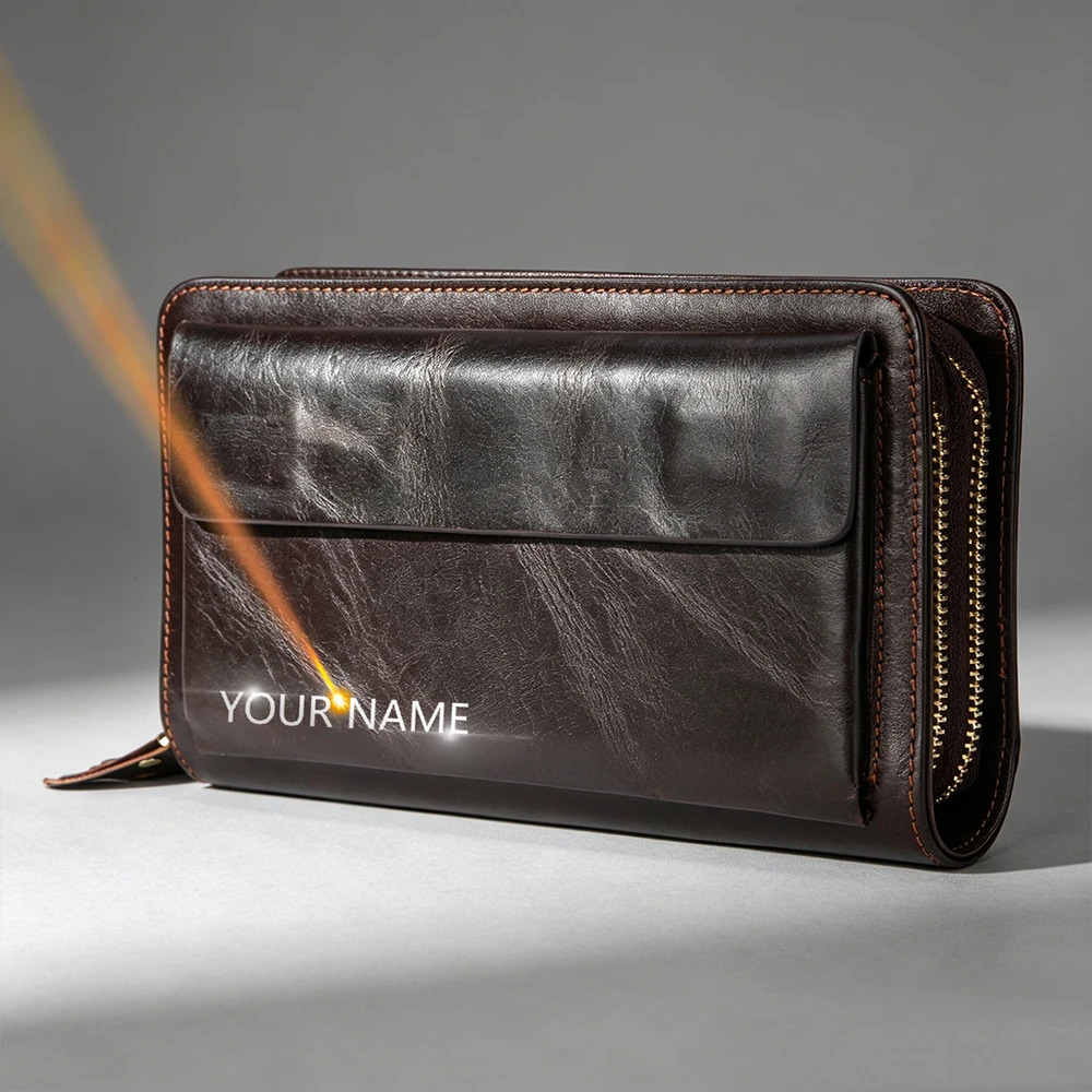 New Genuine Leather Men Long Wallets Handbags Name Engraving Double Zipper Bag Vintage Male Purse Card Holder Mens Clutch Wallet