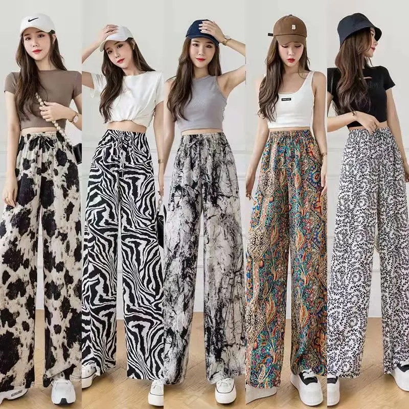 Summer Casual Loose Wide Leg Pants Women's Tie Dye Watercolor Ice Silk Loose Long Trousers Ethnic Style Leopard Print