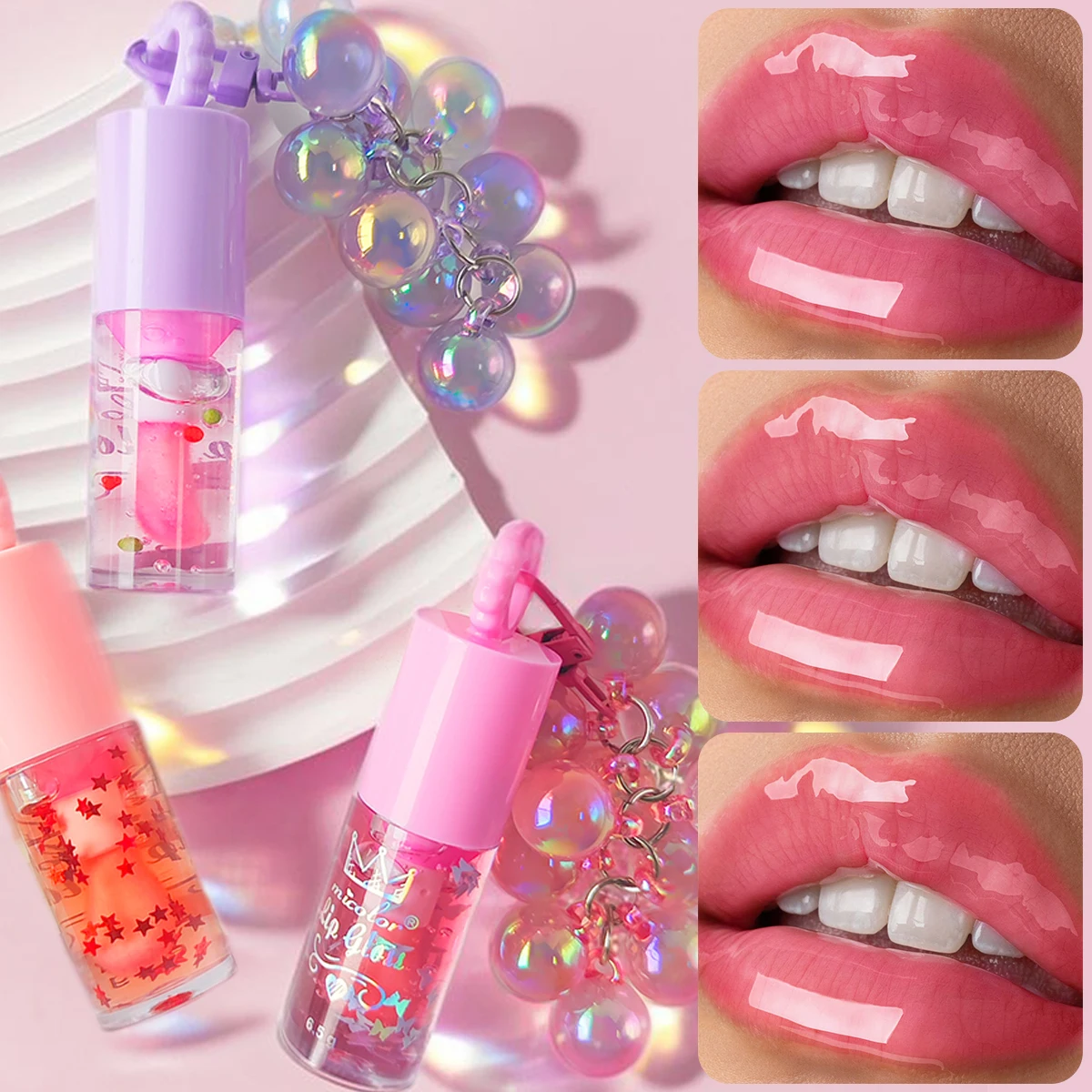 Dreifarbiger Zufalls-Traubenanhänger Lippenöl Lipgloss Feuchtigkeitsspendend, Einfach Anzuwenden, Langanhaltend Wasserfest, Niedliches Geschenk