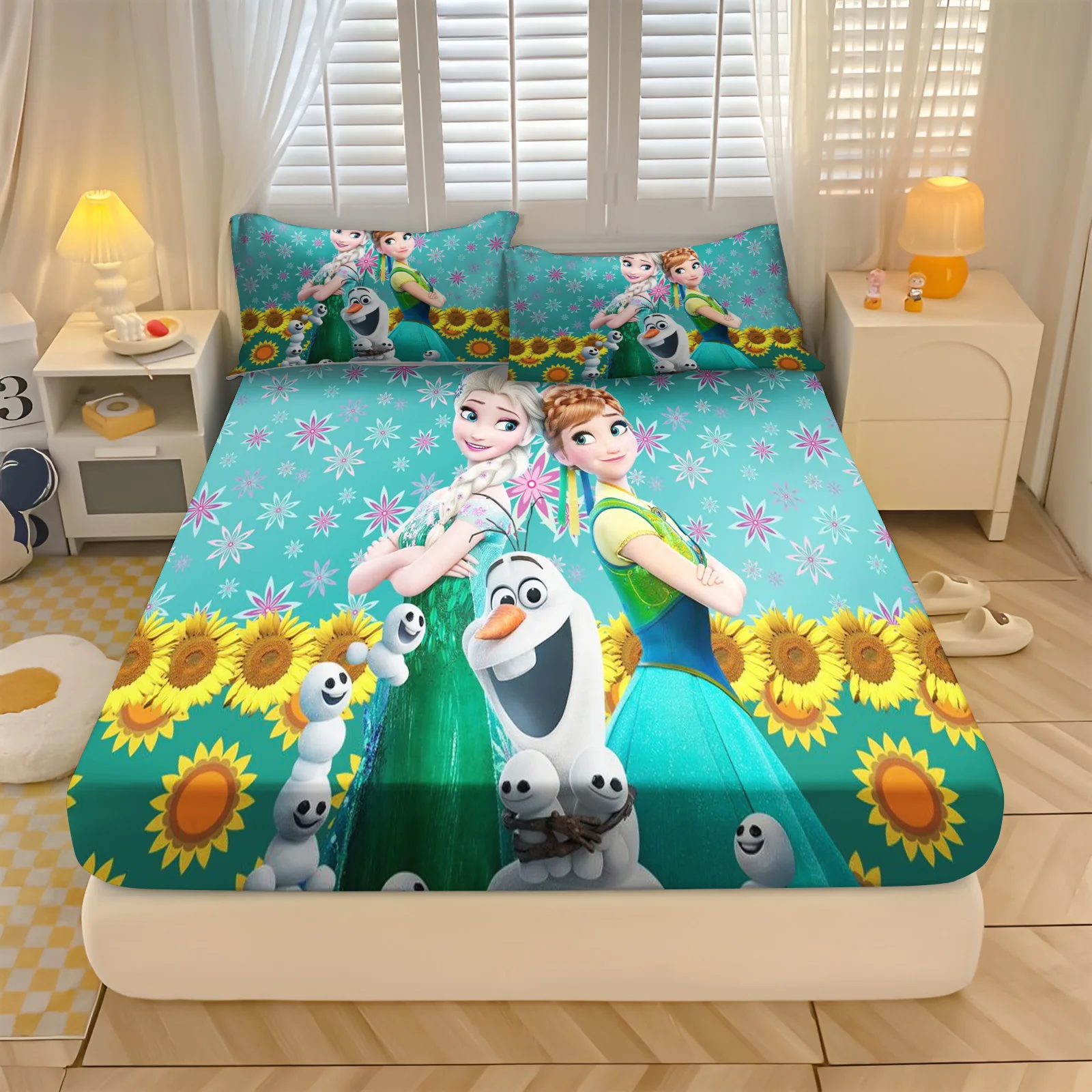 Frozen Princess Elsa and Aina Printed  Fitted Sheet Bedding Set  With Pillowcase Suitable For Children And Adults Comforte 2/3pc