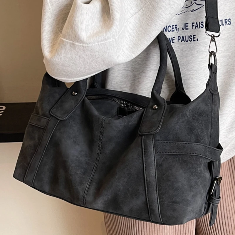 

Women's Black Suede Shoulder Bag Vintage Multi Pocket Roomy Female Commuter Crossbody Bags Quality Nubuck Leather Ladies Handbag