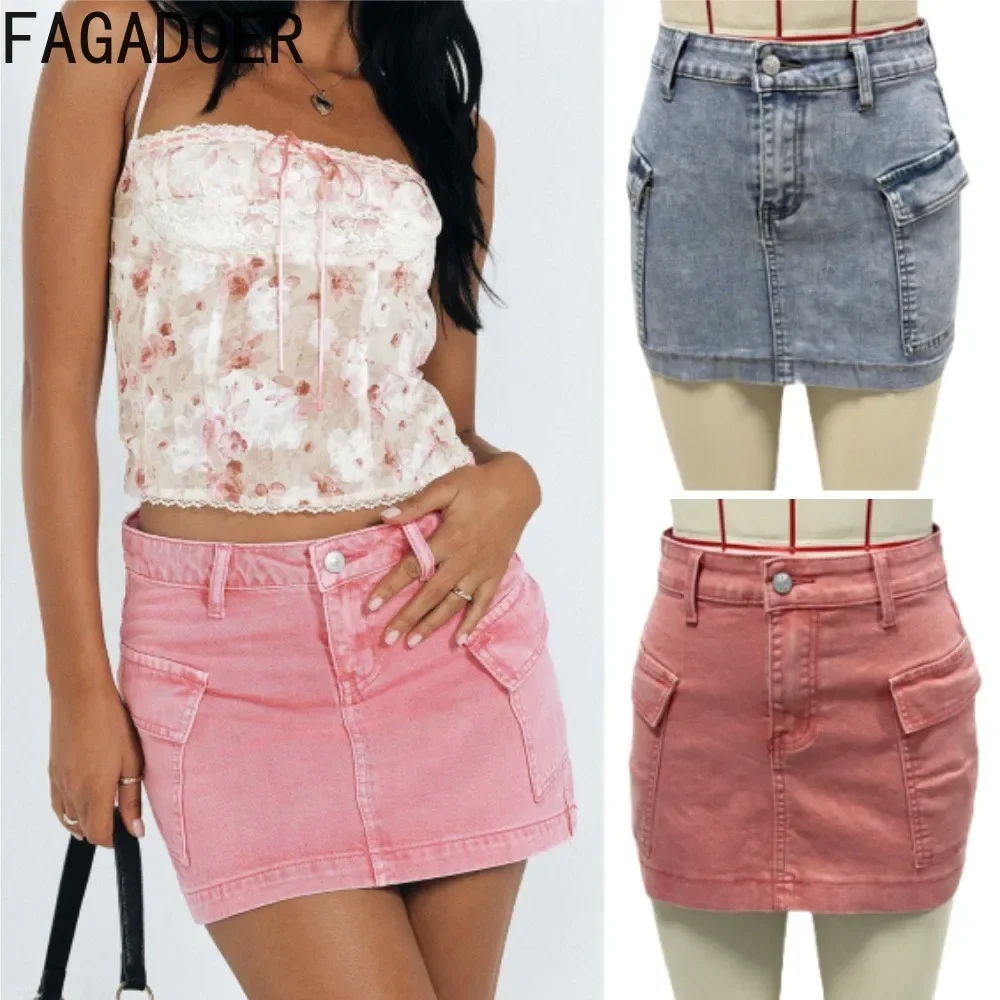 

FAGADOER Y2k Streetwear Denim Skirt For Women Pink Buttons Pocket Patchwork Bodycon Mini Skirt Hot Girl Basics Bottoms 2025 New