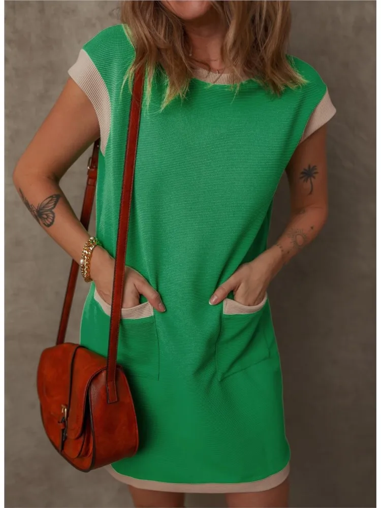 Summer Loose Dresses Women's Casual Pocket Blocked Straight Tube T-shirt O-Neck Short Sleeve Mini Dresses For Women Streetwear