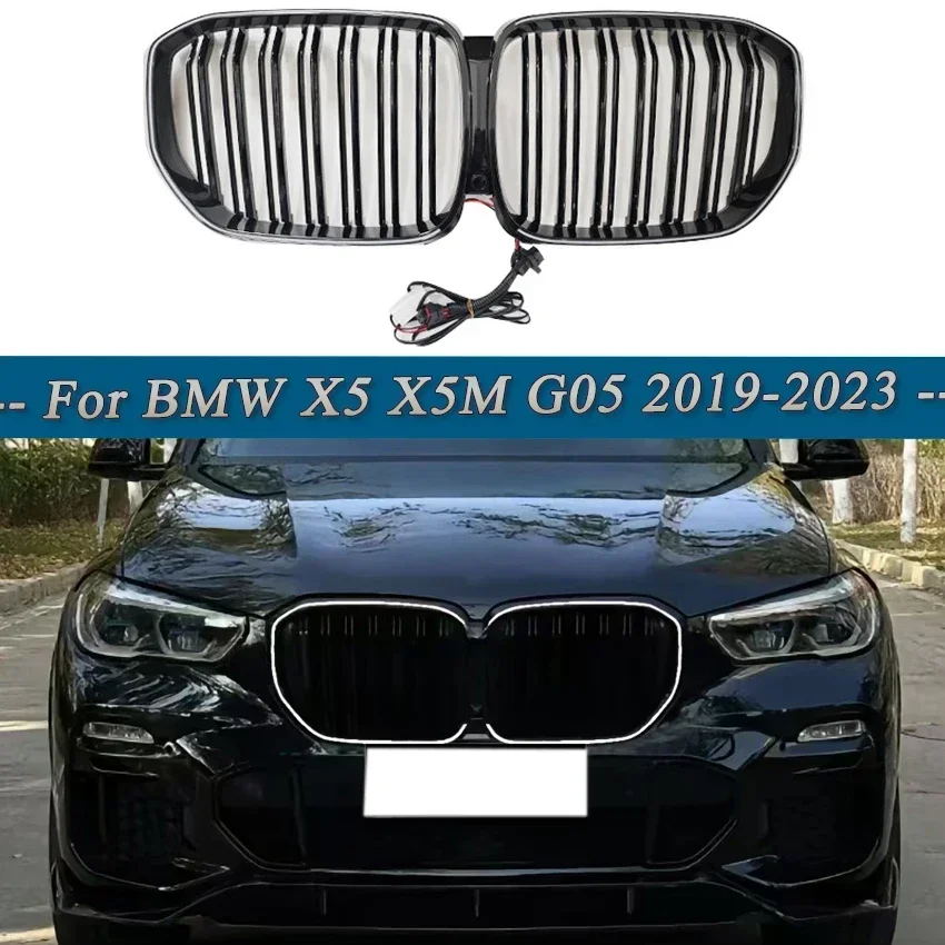 For BMW X5 G05 2019-2023 Front Gloss Black Double Kidney Grille Racing Grille with LED Lights Upper Bumper Hood Mesh Accessories