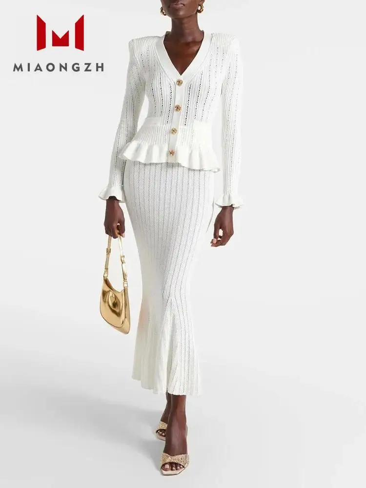 2024 New Autumn Winter Women\'s Knitted Two Piece Set V Neck Long Sleeve Sweater Cardigan + High Waist Elegant Mermaid Skirt Sets