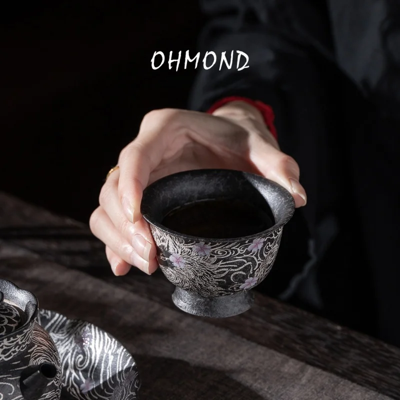 OHMOND Hand-Painted Ceramic Silver-Plated Tea Cup Traditional Chinese Style Nine-Tailed Rock Clay Owner Cup Home Use Gift Box