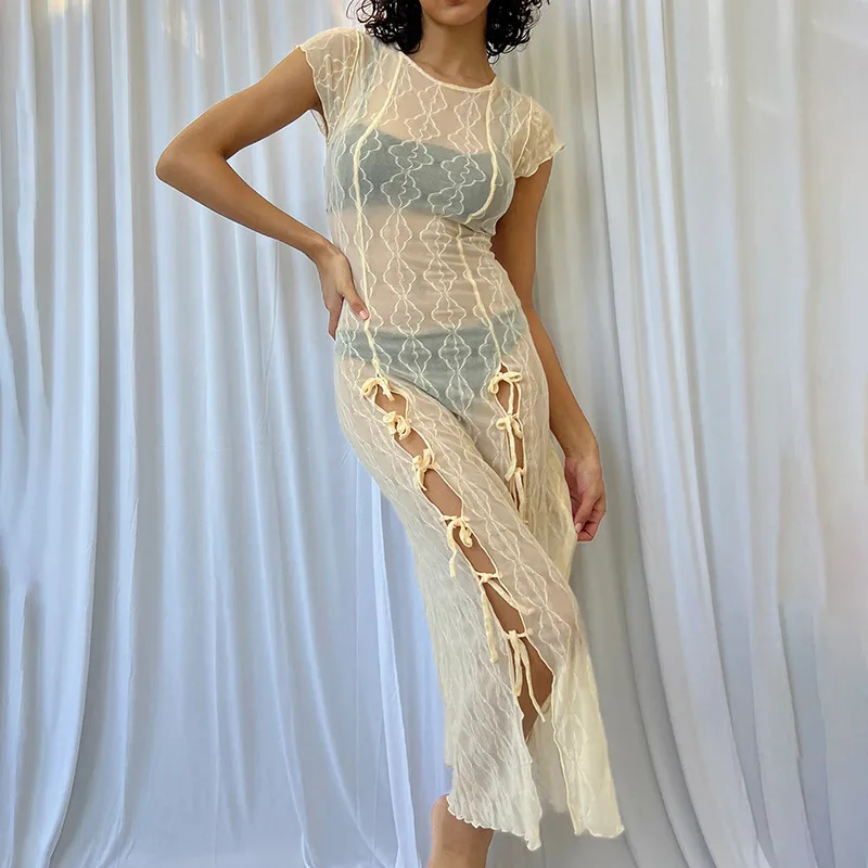 Verão novo puro para mulheres sexy menina quente em torno do pescoço manga curta split tanque vestido longo