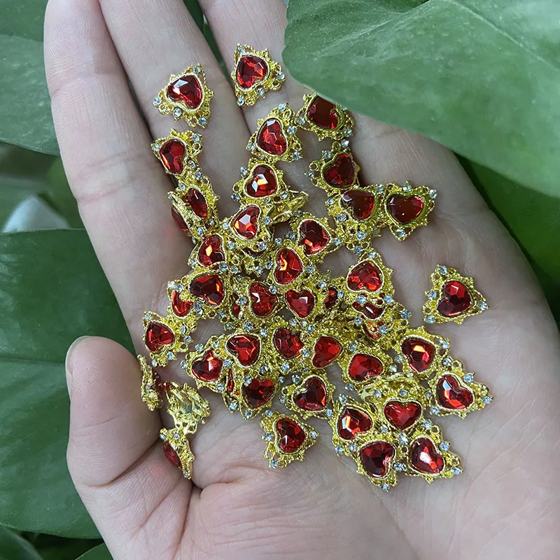 10pcs Red Love Heart Crystal Nail Rhinestone 3D Glass Alloy Flat Back Nail Charms Metal Jewelry Gem For Manicure Nail Art Decor