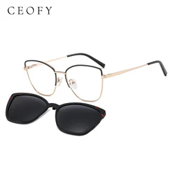 CEOFY Women Metal Cateye Glasses Frame Vintage Myopia Optical 2 in1 Cilp on Sunglasses Eyeglasses Frame for Women