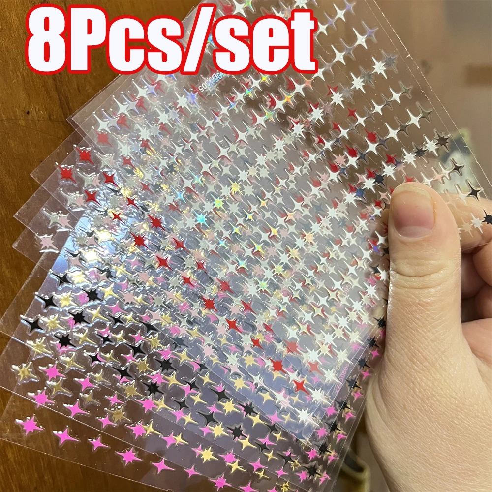 8Pcs Y2k 3D Golden/Silvery/Black/White Star/Cross Nail Stickers Starlight Five-Pointed Star Nail Decal Valentine Star Slider