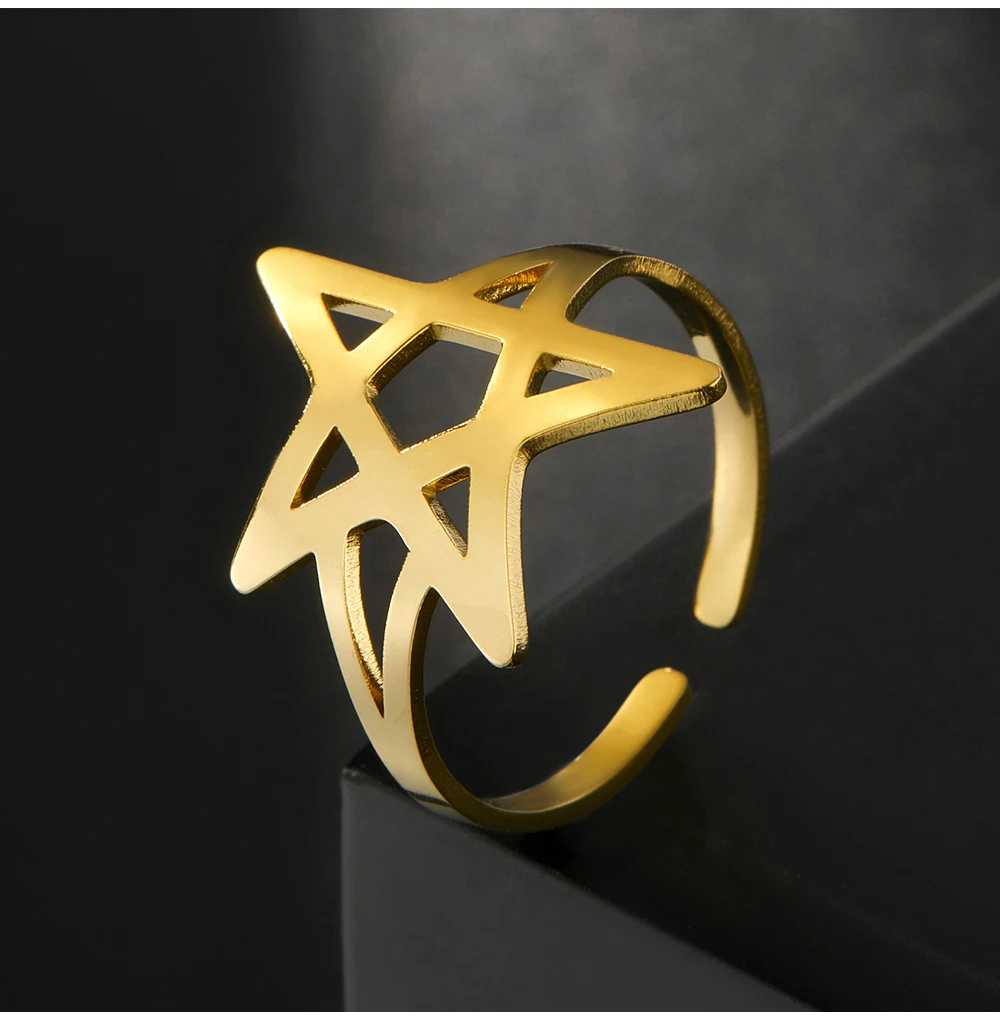 COOLTIME Hohle Pentagramm Verstellbare Ringe für Frauen Edelstahl Trend Stern Mond Ringe Schmuck Geschenk – Detail 7
