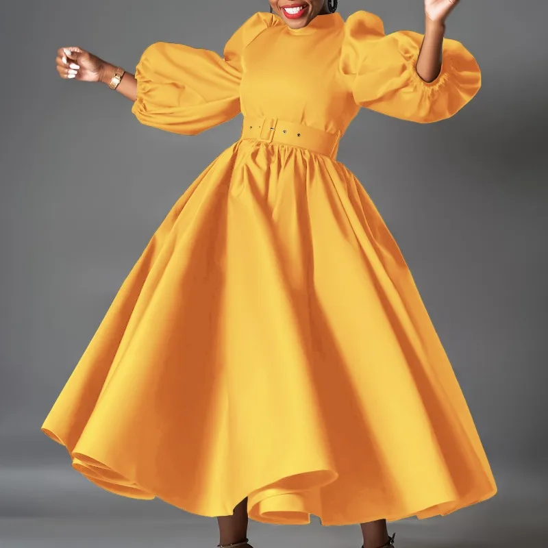 Puff Sleeve Elegant A-Line Pleated Dress Eevning Satin Fashion Wedding Guest Cocktail Long Dress Vintage Dress with Belt