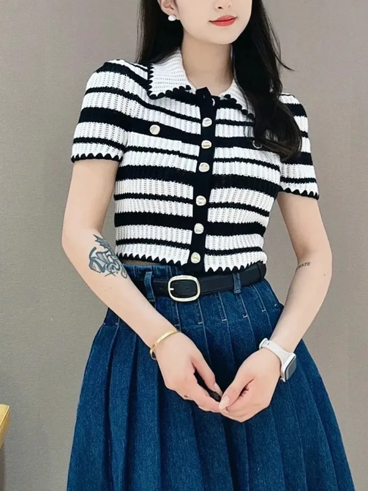 

Ele ort SveKnitted Top Fem Summer FaionSlim Fiutton NeDesign White Bla Stripe EuroSle Commute Wear