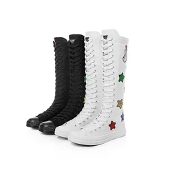 Girls Canvas Bling Boots School Long Lace Up Boots Zipper Sneaker Embroidery Stars Hearts Upper Women Plus Size Casual Shoes