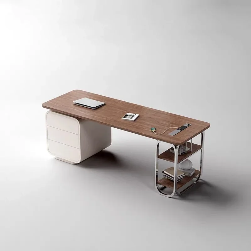 

LJYHigh-grade solid wood desk Modern minimalist office Walnut veneer stainless steel computer desk
