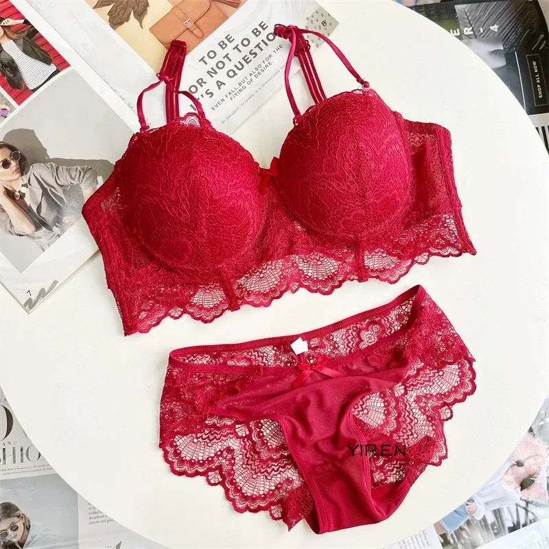 Christmas Big Red Half Cup Sexy Large Size   Gathering Lace Underwear Side Fold Adjustment Thin Bra Set E Cup