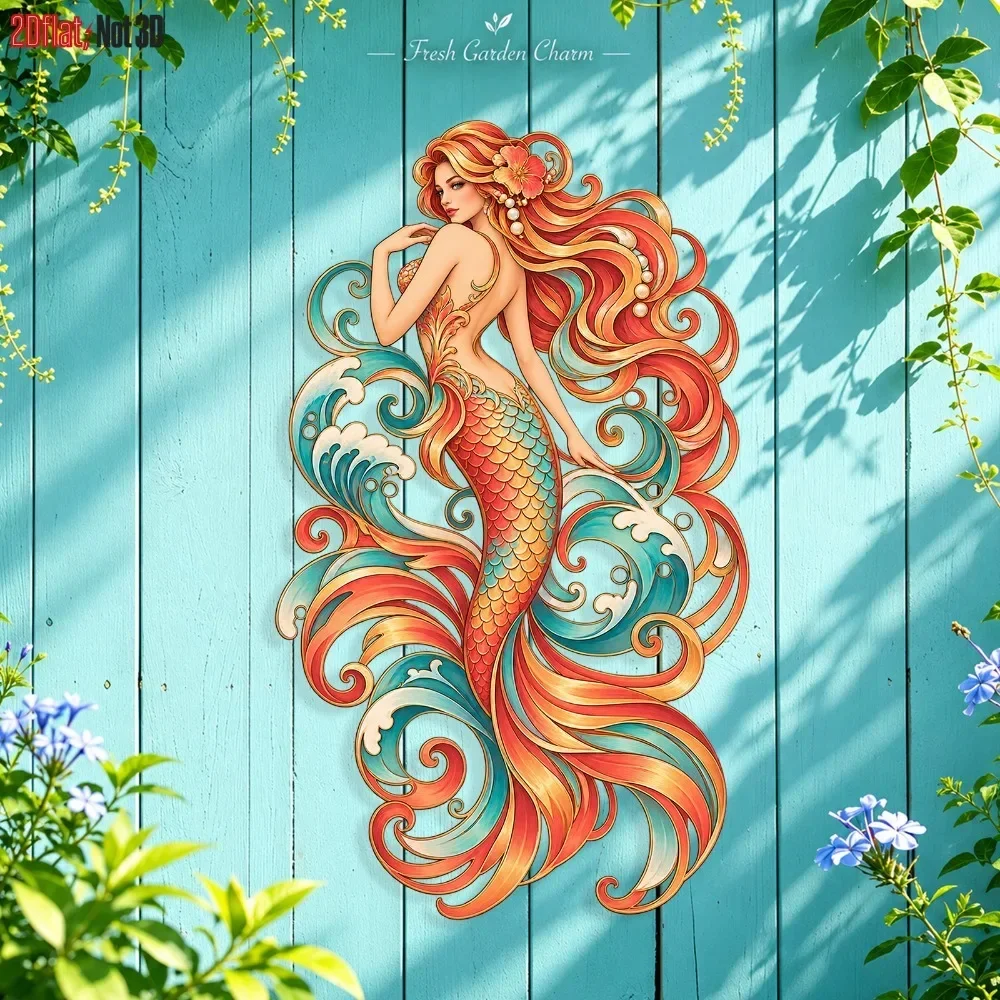 CIFBUY Iron Wall Art Red Turquoise Mermaid Siren Ocean Wave Silhouette Sculpture Rust Proof Waterproof Indoor Outdoor Decor