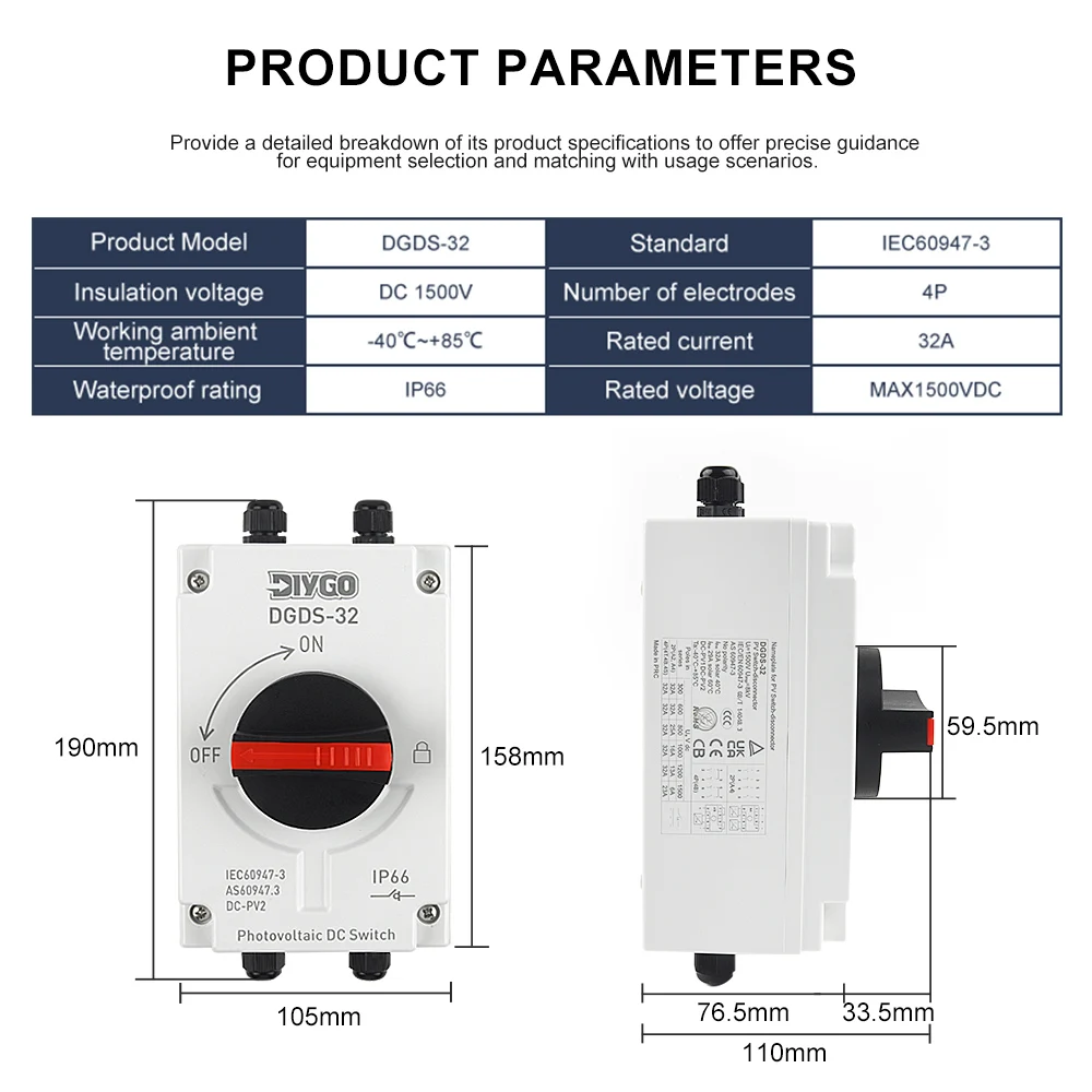 DIY GO Photovoltaic Solar DC 1200V 32A Isolation Switch IP66 Outdoor Waterproof With M12 Cable joint PV Rotating Handle Switch