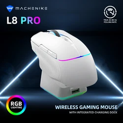 MACHENIKE L8Pro 무선 게이밍 마우스, 충전 도크 포함, PAW3395 광학 센서, 조절 가능한 스크롤 8K + 2K, 게이머용 RGB