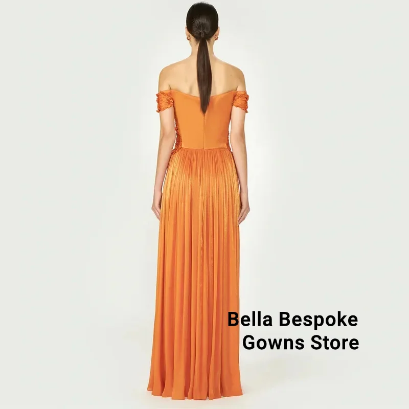 فستان سهرة برتقالي قبالة الكتف مطوي ألف خط مثير حفلة موسيقية فستان رسمي شق الفخذ طول الأرض ثوب مسائي مخصص
