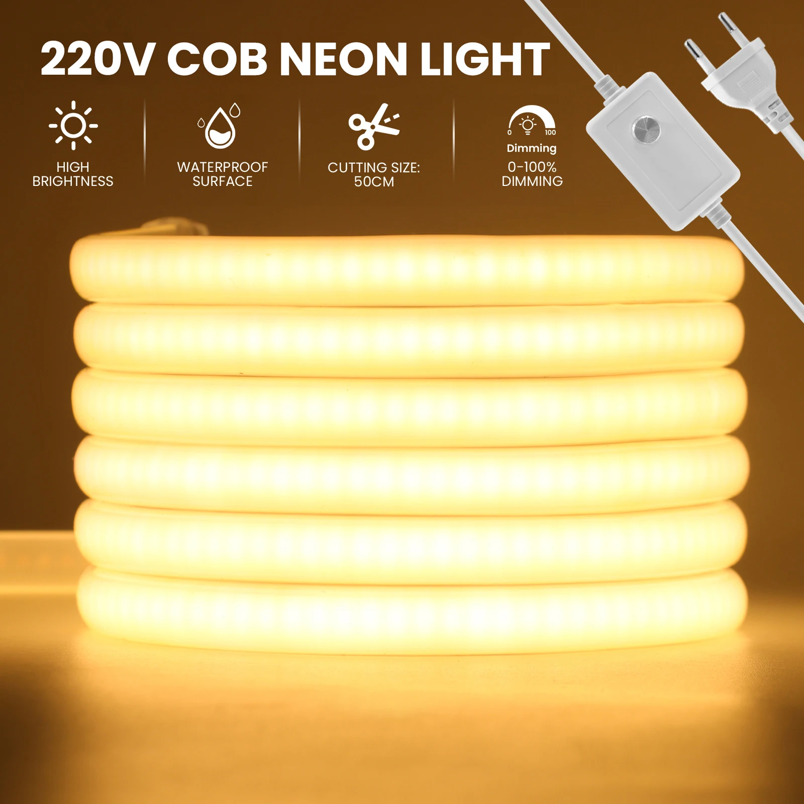 

220V COB LED Strip Light RA90 High Bright Waterproof With EU Power Plug Switch Dimmer 288LEDS/m Warm/Neutral/White Outdoor Decor