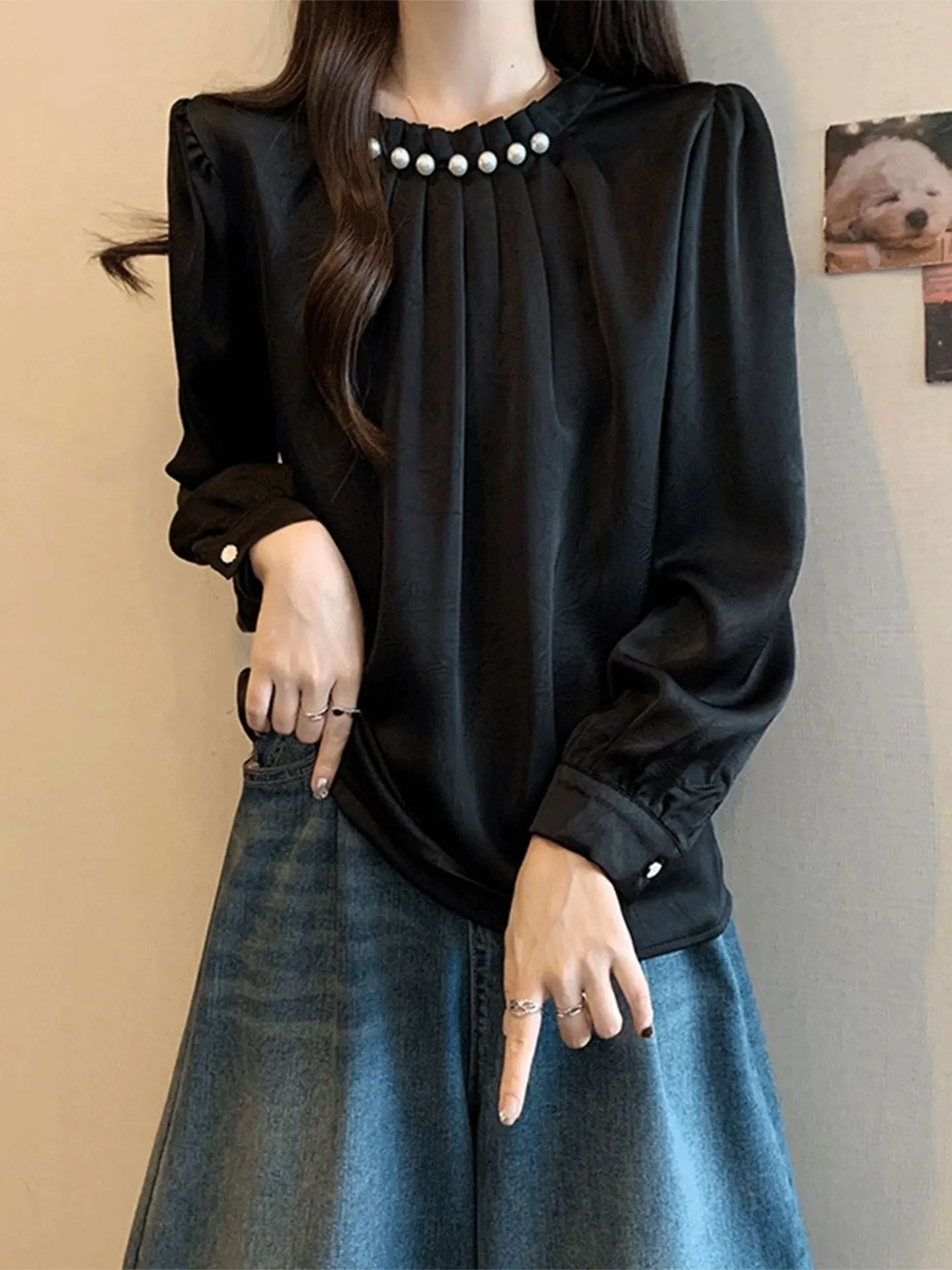 

Bla Floral Embroidery Long Sve irt Spring 2026 plus Size Women's Faionable Unique Trendy Small Top Commute Sle