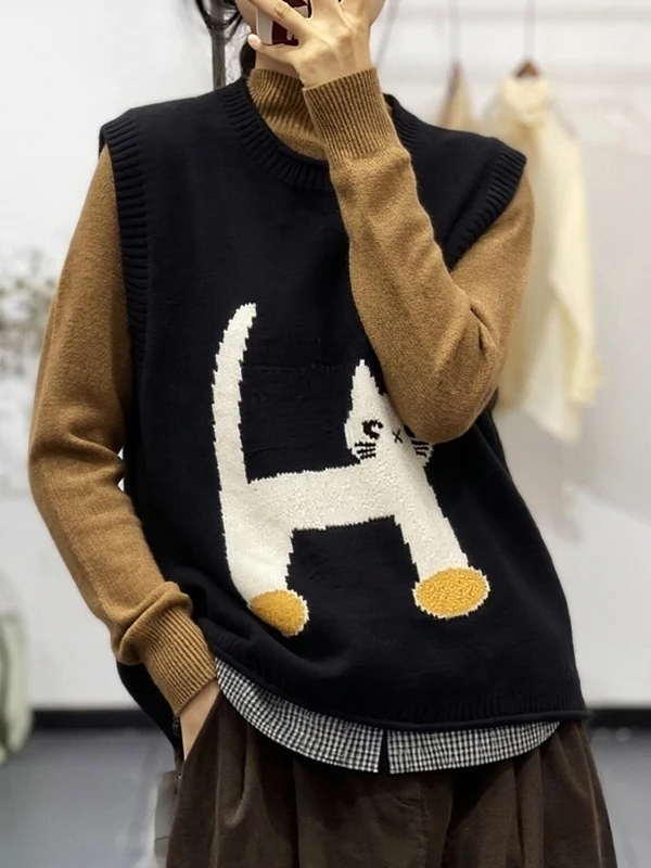 Authentic 2026 Autumn Cartoon Embroidered Knitted Vest Women's Vest plus Size Women's Top College Style round Neck Regular Le...