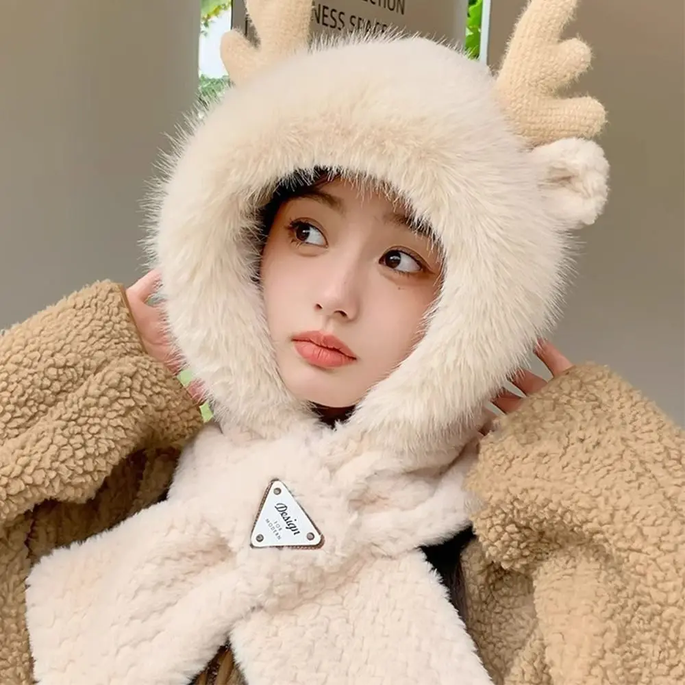 Fashion Soft Fur Women Hooded Scarf Cross Elk Antler One Piece Hat Scarf Winter Windproof Ear Protection Hat Neckerchief