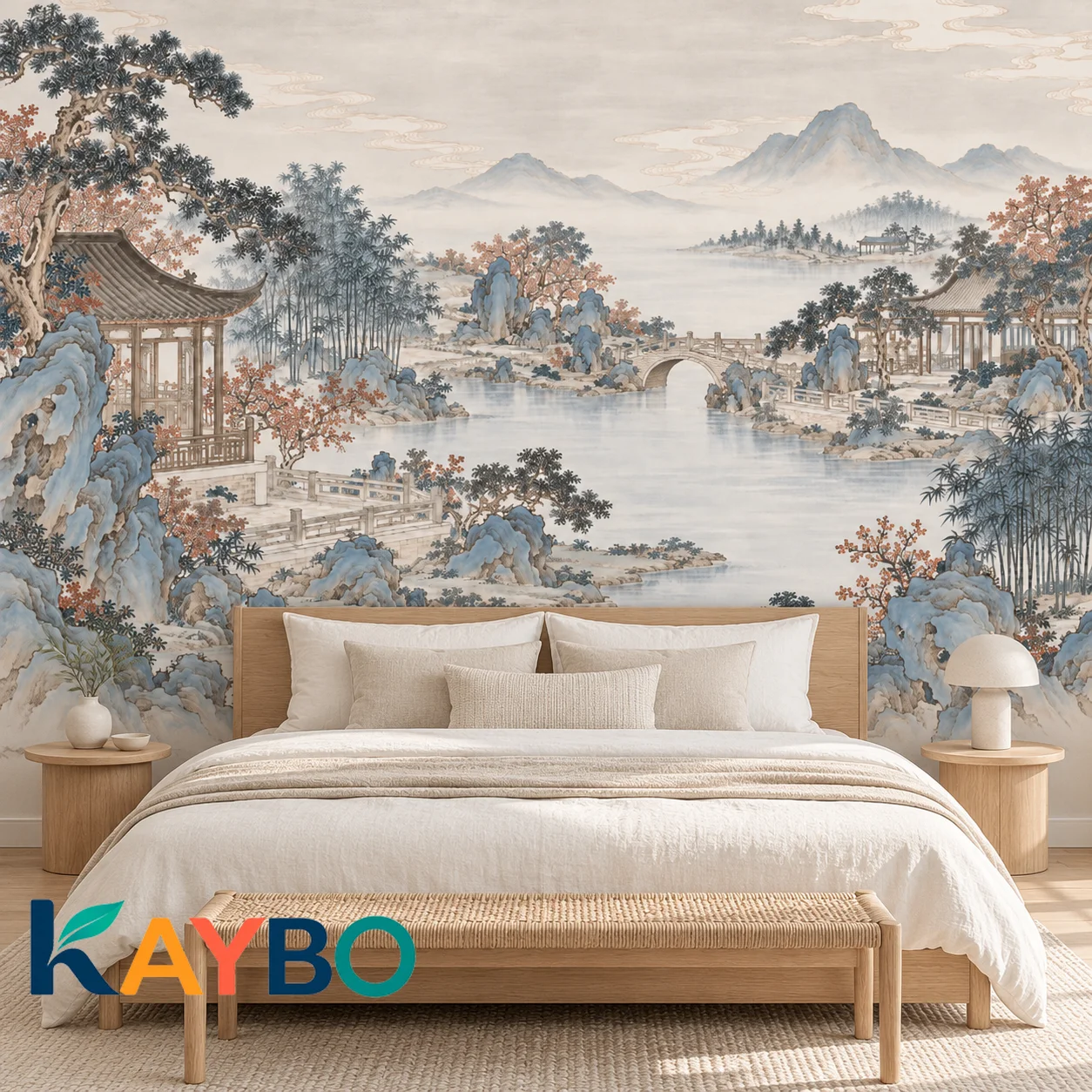 Asian Landscape Wallpaper Mural, Chinese Watercolor Scenery, Mountain River Pagoda Wall Decor, Non Self Adhesive for Living Room