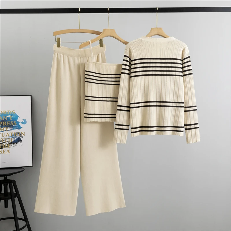 2024 Autumn New Ins Women Long Sleeve Stripe Cardigan Sweater Vest Knitwear And Wide Leg Pants Knitting Three-Piece Set 
