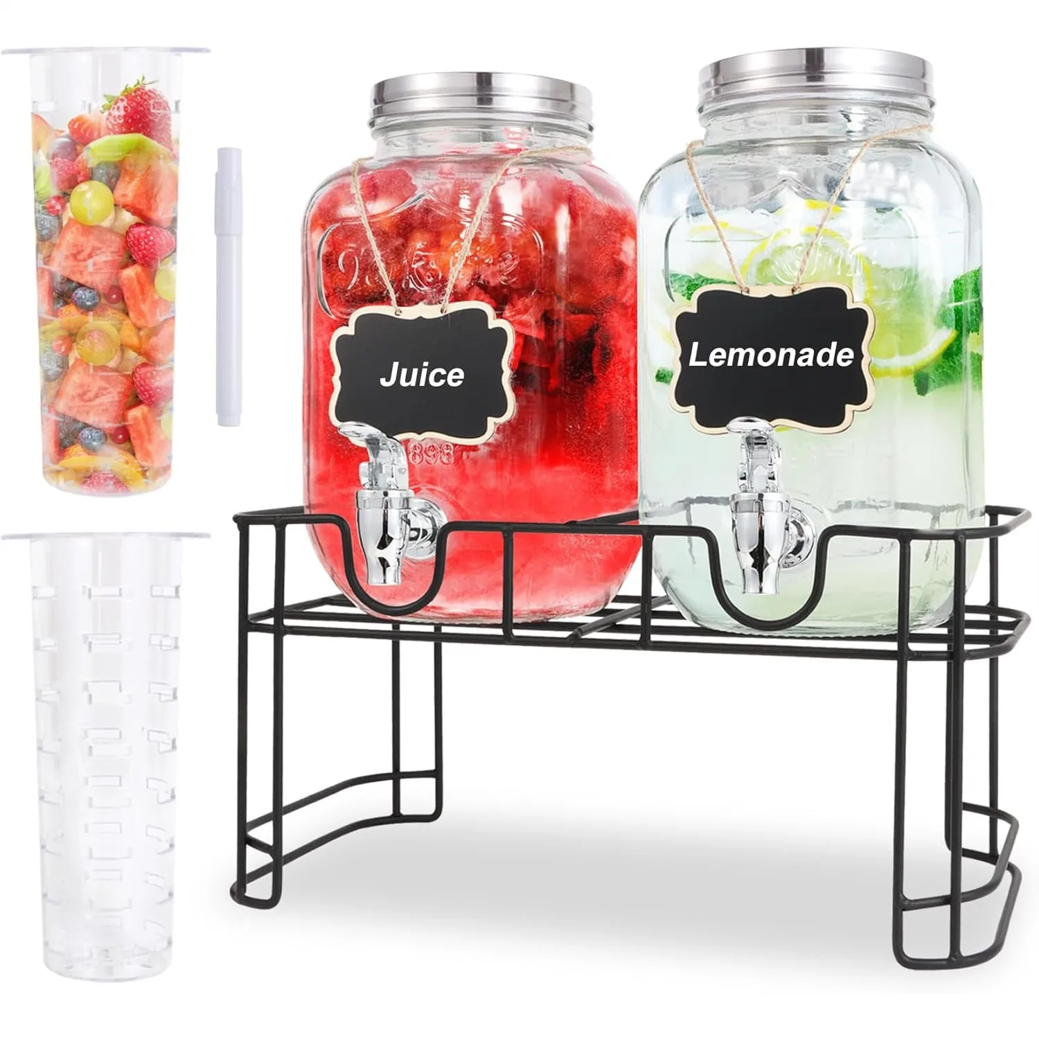 

1 Gallon Glass Drink Dispensers for Parties Set of 2 with Fruit Infuser & Stand, Beverage Dispenser for BBQ Picnic