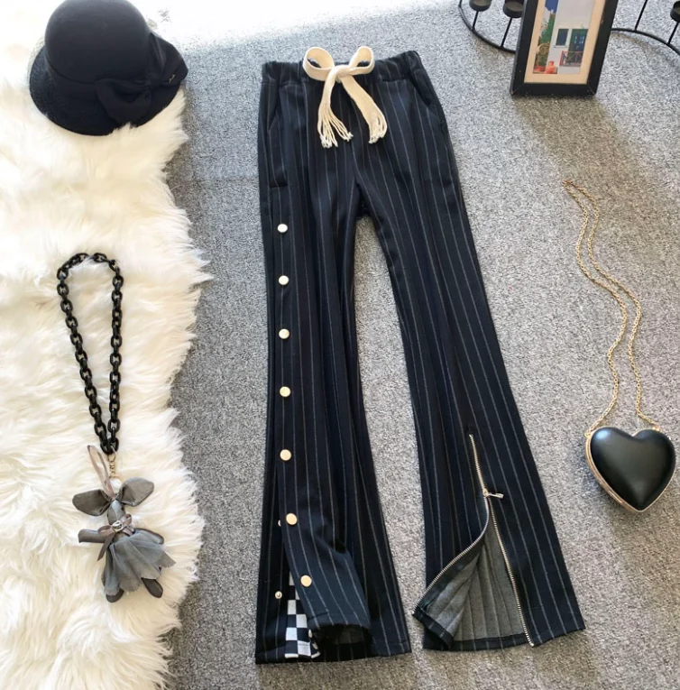 Striped straight-leg pants women's new split wide-leg casual pants loose drape mopping trousers
