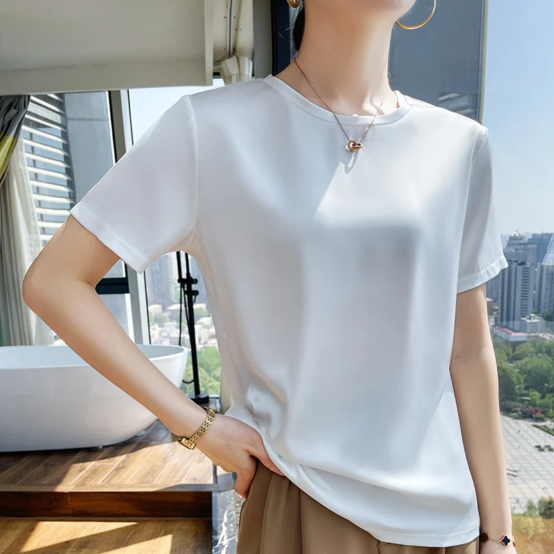 Silk Women's T-Shirts Summer O-Neck Short Sleeve Tees Casual Solid Color Bottom Basic T-Shirt Loose Female Tops Pullover Clothe