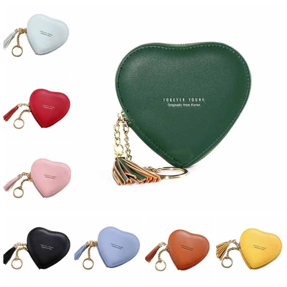 

1 Pc Sweet Colorful Leather Earphone Bag With Tassels Simple Heart Shape Woman Handbag Daily Life Cash Hold Accessory