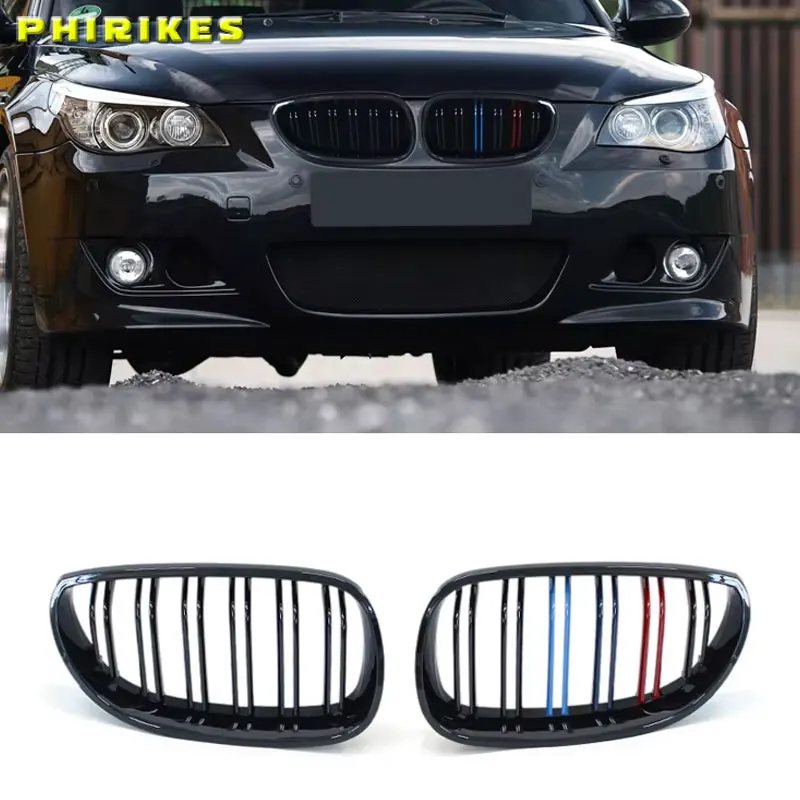 Auto-Frontstoßstangengrill, Nieren-Racing-Grill, Gitter für BMW E60 E61 5er, 2003–2009, glänzend schwarz, Auto, neue Doppellatten-Gitter