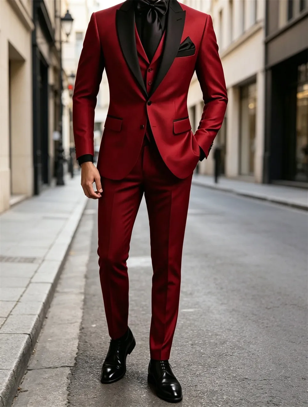 

Red Tuxedo Suit 3 Pieces Formal Suit Black Lapel Slim Fit Bespoke Business Office Event Men's Suit (Jacket+Vest+Pants)