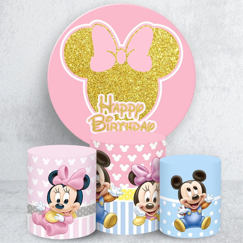 

TB Mickey Minnie Round Backdrop Cover blue&pink Child Birthday Party Baby Shower Decor Background Cylinder Cover Elastic