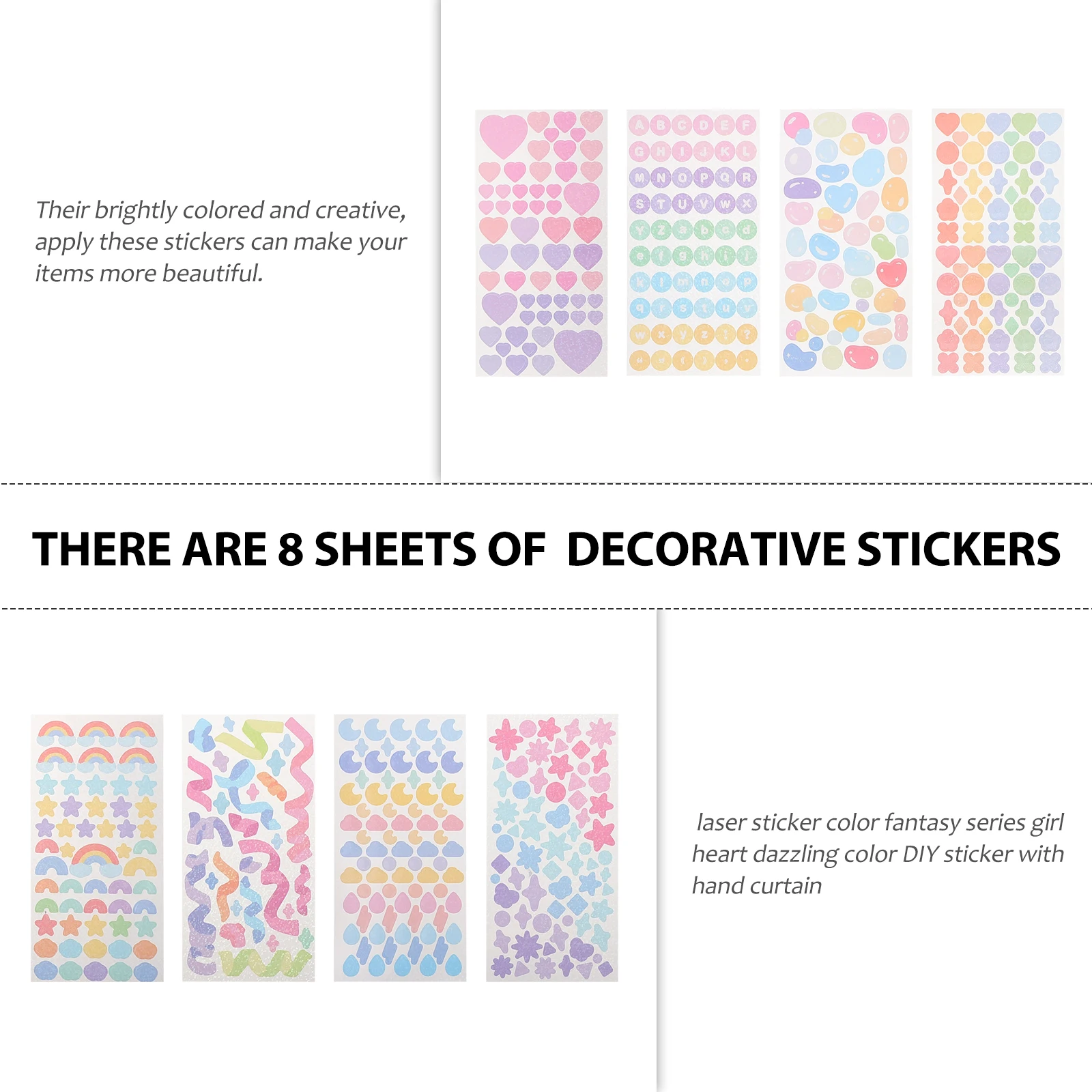 

8 Sheets PET Material Self Adhesive Stickers Beautiful Colorful Decorative Decals Scrapbook Wall Art Craft Gift