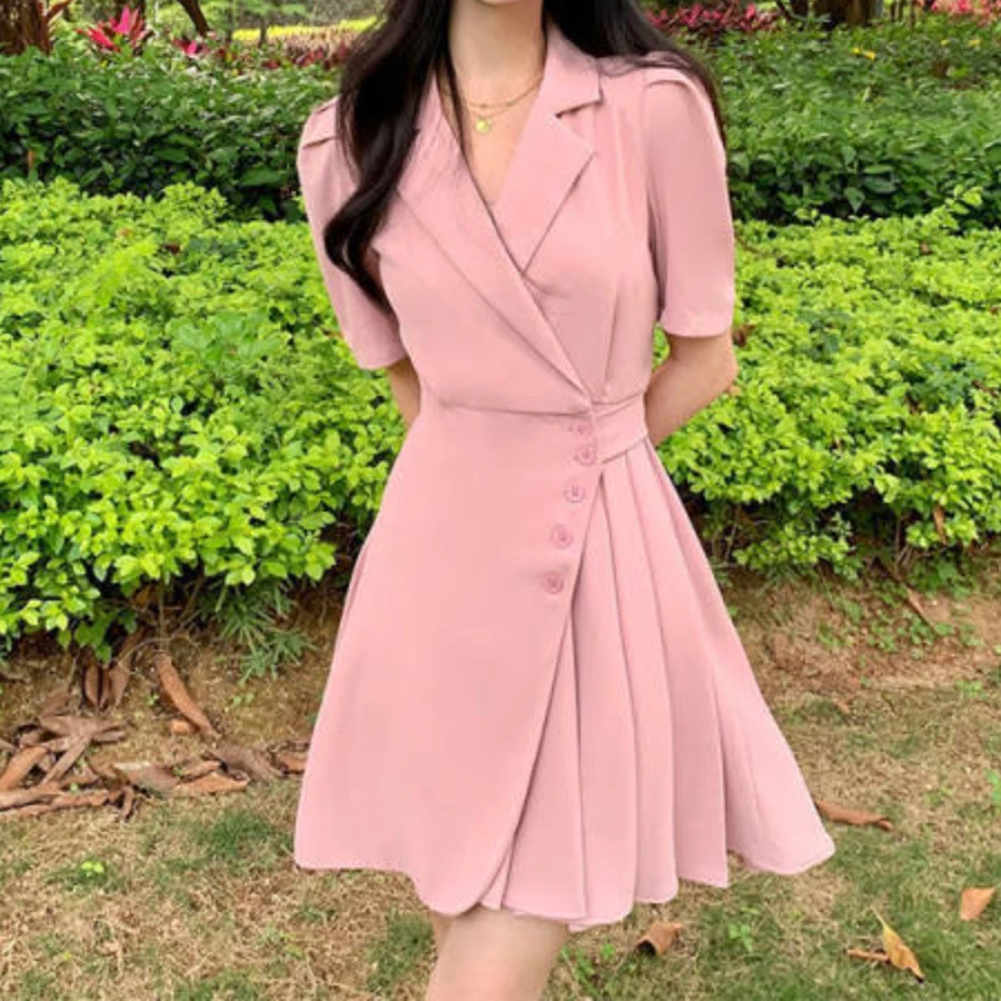 Vestidos Women Dress Suit Elegant Lady Puff Sleeve Frock Solid Color Mini Skirt Summer Fashion Casual Slim Pleated Dresses