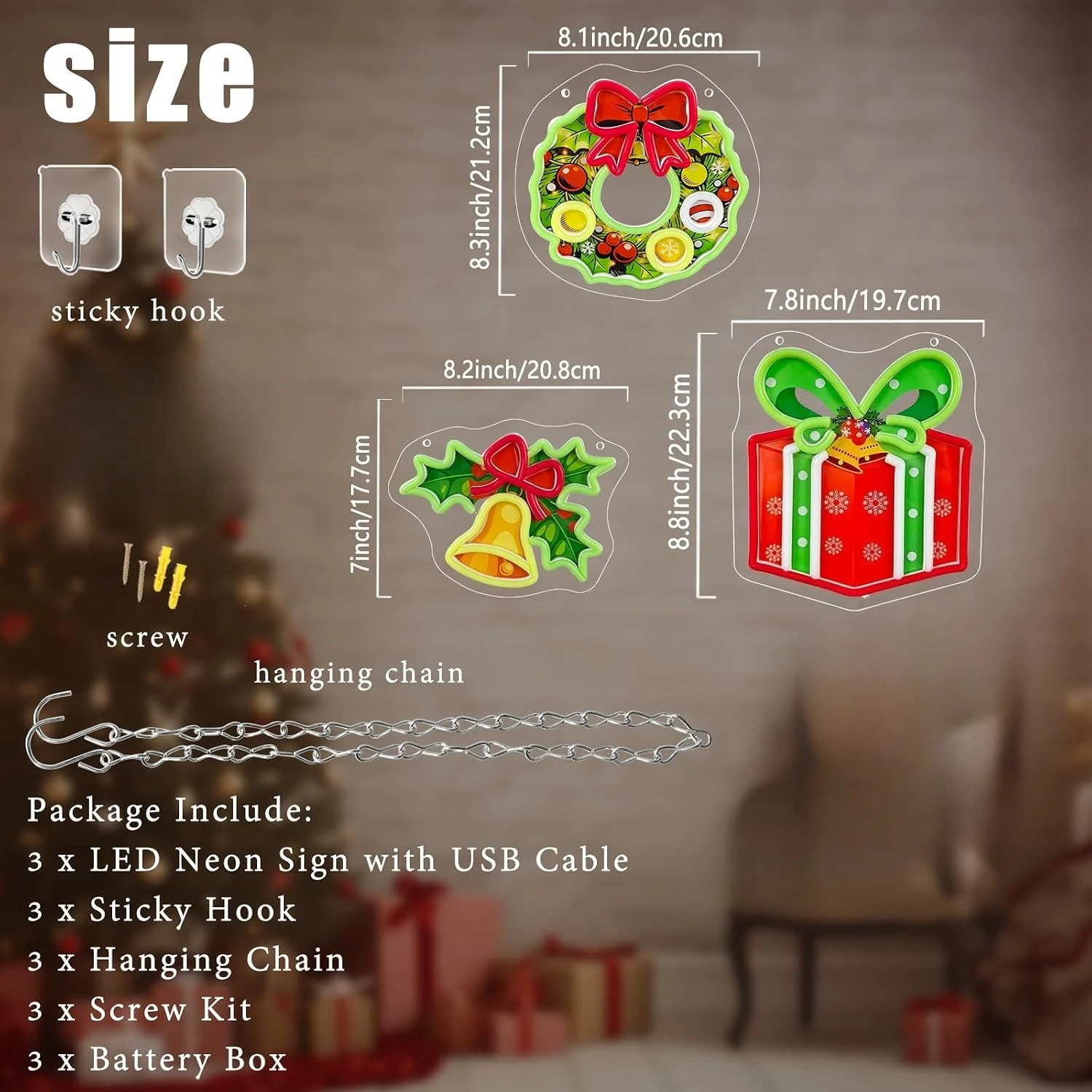 3 Pack Christmas Neon Sign USB Powered LED Neon Light Bell Holly Wreath Gift Bedroom Gaming Room Xmas Party Winter Home Decor