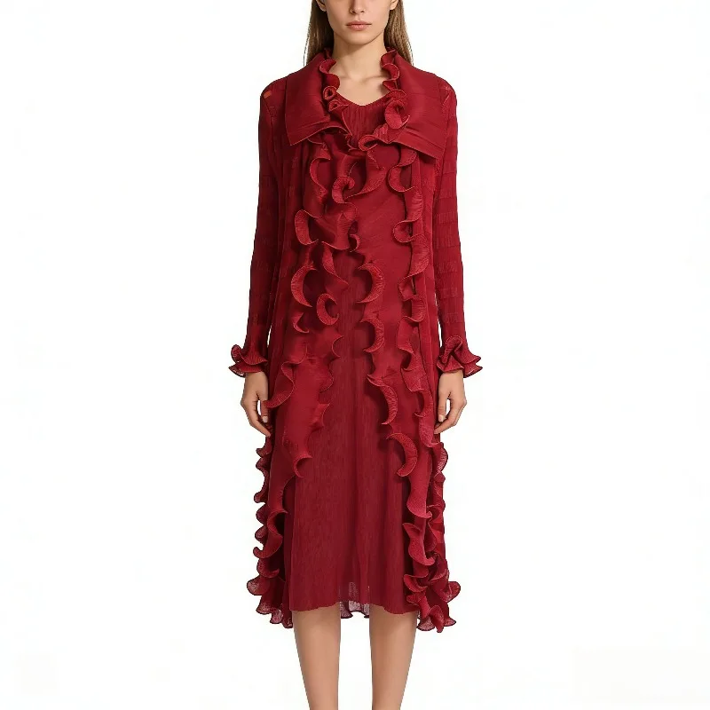 

Miyake Pleated Dress Set 2026 Premium Sense Wooden Earring Pleats Cardigan Sleeveless Dress 2 Piece Women Spring New Fashion Set