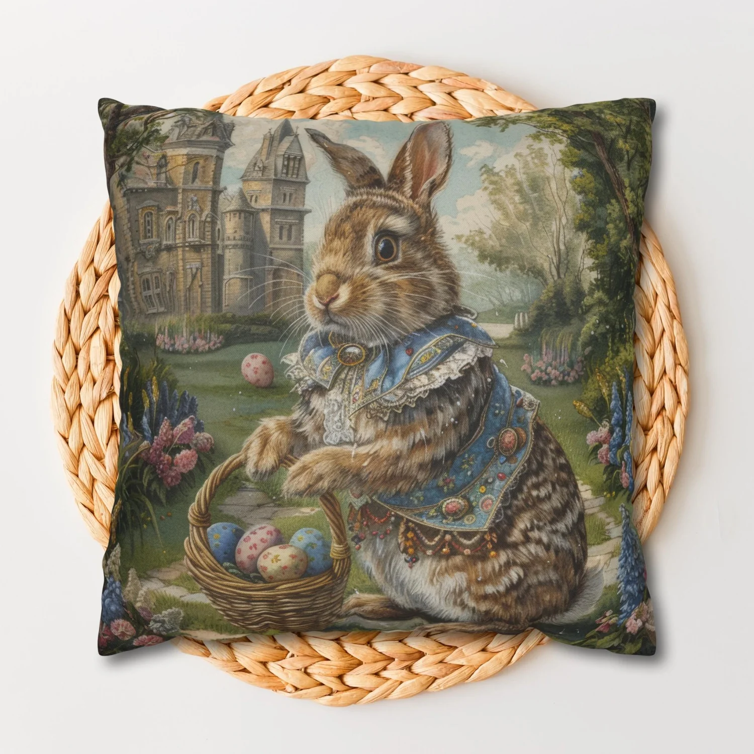 Rococo Bunny Easter Eggs Pillow: William Morris Style Decor,double-sided print.