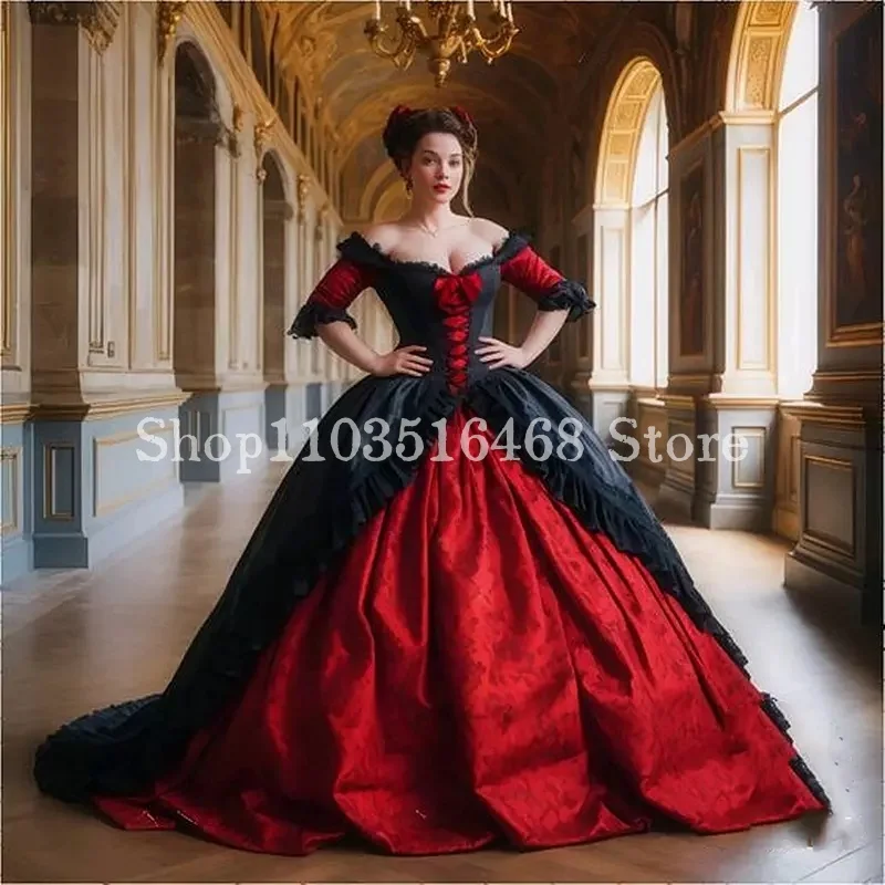 Puffy Victorian Prom Dress Off Shoulder Half Sleeve Pleated A-Line Floor Gothic Medieval Masquerade Duchess Ball Gowns