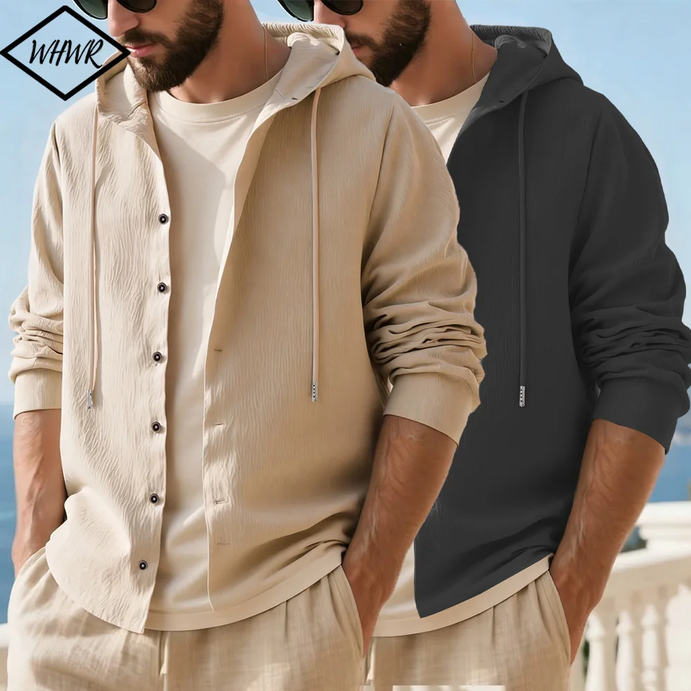 Spring Summer Men's Shirts Solid Color Long Sleeve Hooded Shirt Men Button Tops Casual Loose Hooded Cardigan Clothing Streetwear