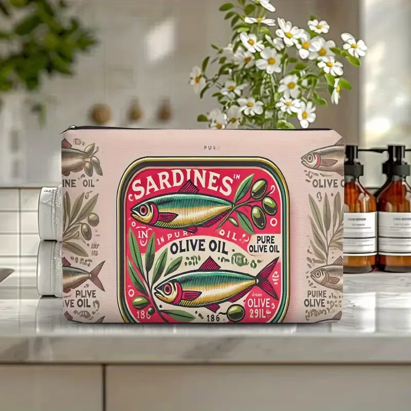 Sardines Olive Oil Can Packaging, Adult Inspiration Cosmetic Bag Cosmetic Travel Bag Zipper Cosmetic Bag Toiletry Bag Pencil Bag