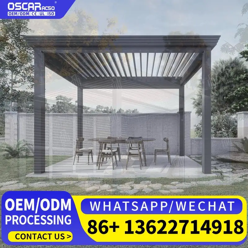 Pérgola bioclimática para exteriores, 6x3, 4x4, 4x3, 3x4, 3x3, persiana retráctil de aluminio, en jardín europeo, Patio, pérgola junto a la piscina