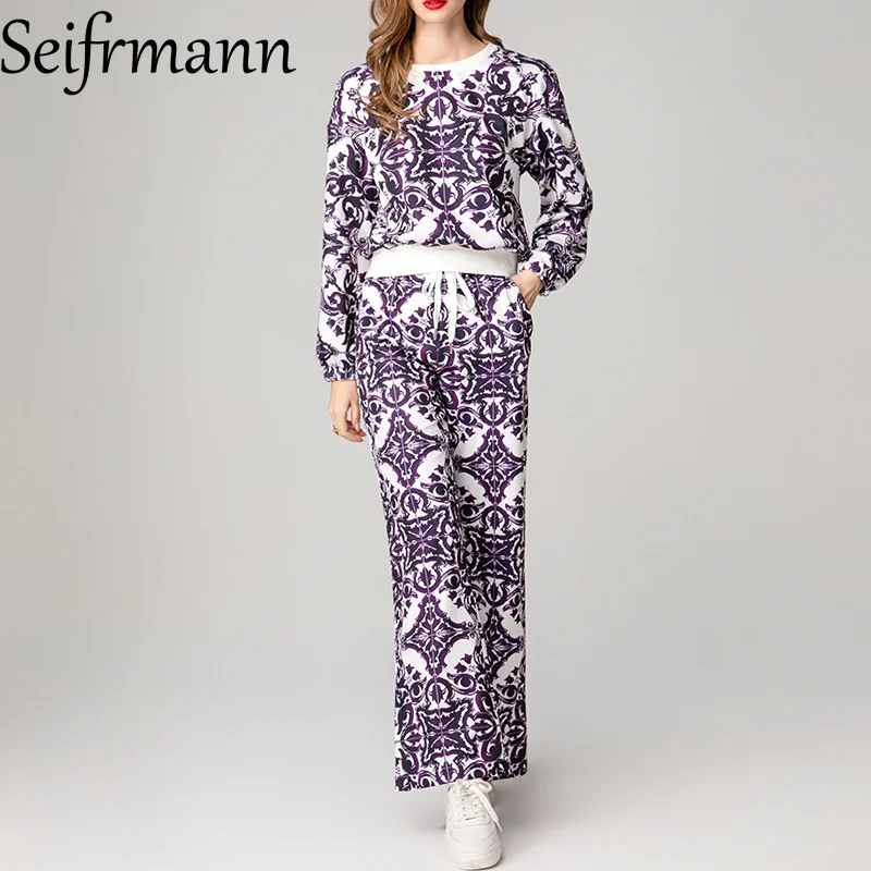 Seifrmann Purple printed round neck long sleeved elastic waisted straight leg pants casual vacation fashionable dress