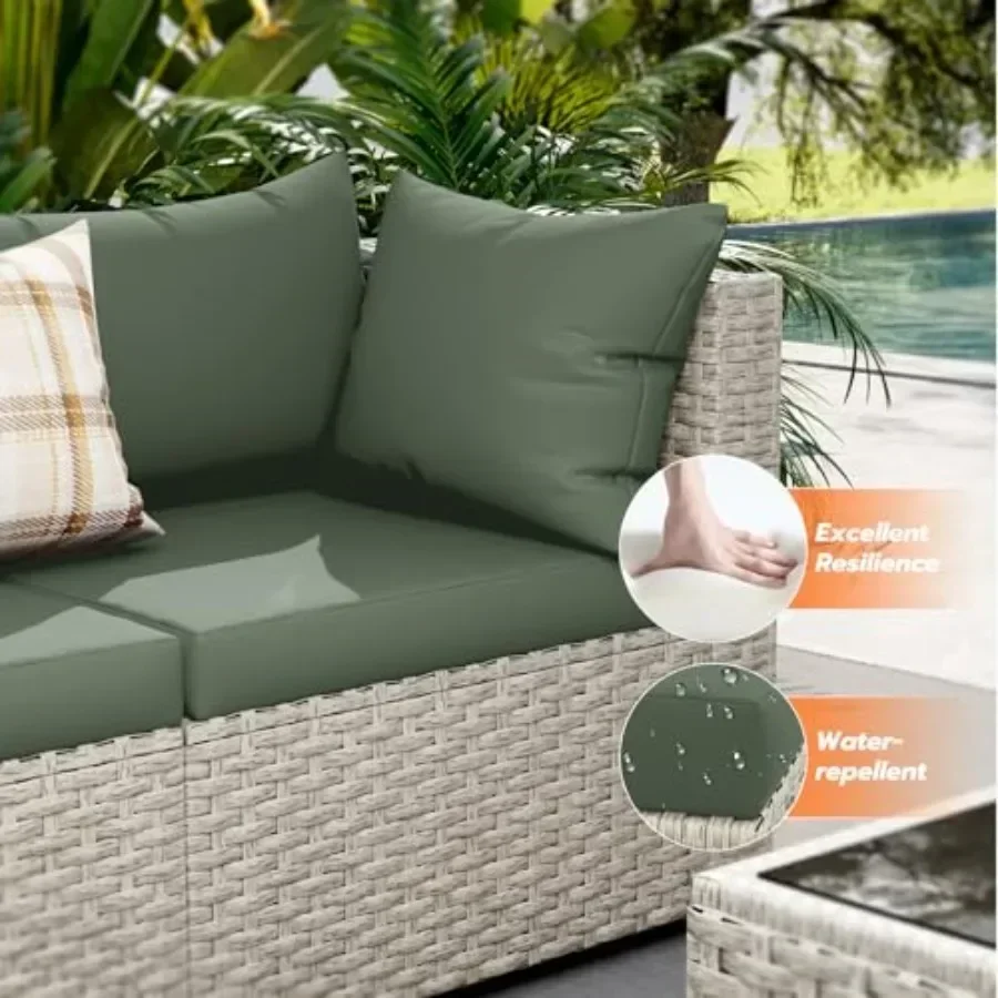 Outdoor Patio Furniture Set: Wicker Sectional Sofa in Green, Weather-resistant and UV-protected for Backyard or Deck Use