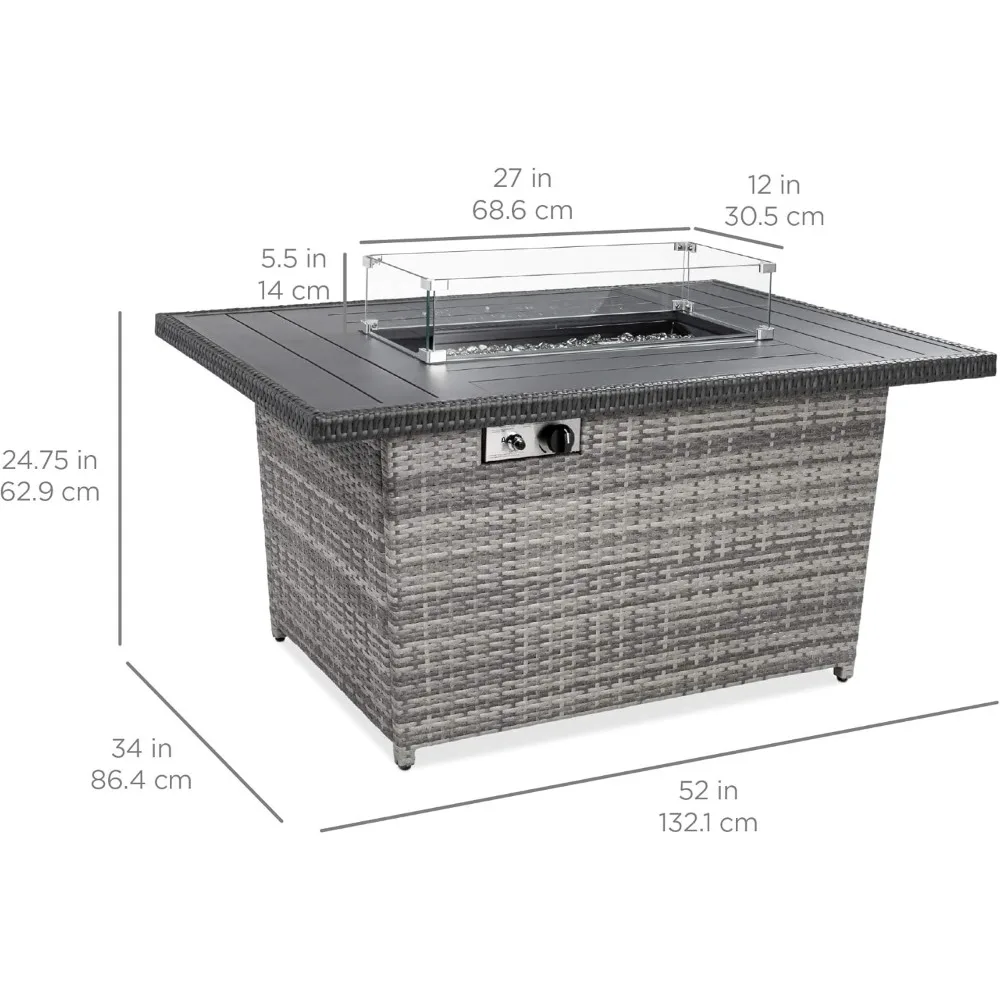 Fire Pit Table, Patio Propane Gas Table W Aluminum Tabletop, Glass Wind Guard Glass Rocks, Slide Out Tank Holder, Fire Pit Table